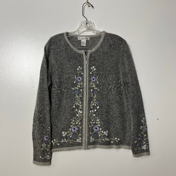 Vintage Dress Barn Floral Silk Blend Knitted Gray Cardigan Sweater Womans Small - Picture 1 of 7